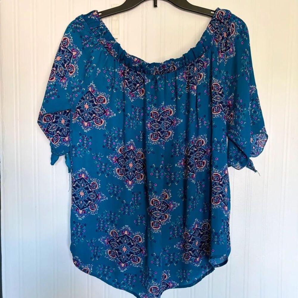 Renee C Blue Medallion Print Off The Shoulder Tie Sleeve Blouse